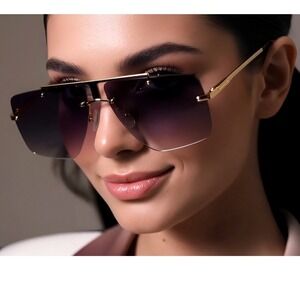 Rimless Sunglasses Women Black Lens Gold Frame Square Shades Classic Retro Gafas